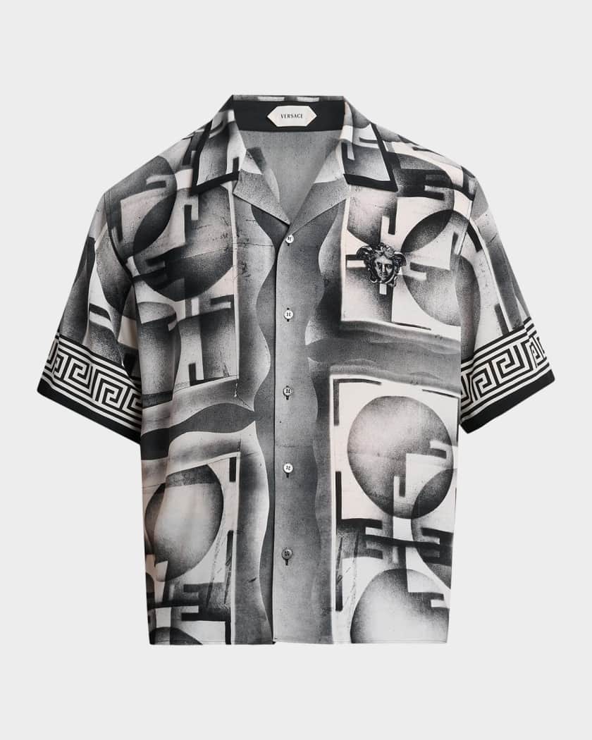 トップス VERSACE Greca Silk100% Shirt Versace Men's Silk Abstract La Greca-Trim Camp Shirt | Neiman Marcus