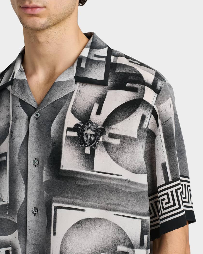 Versace Men's Silk Abstract La Greca-Trim Camp Shirt | Neiman Marcus