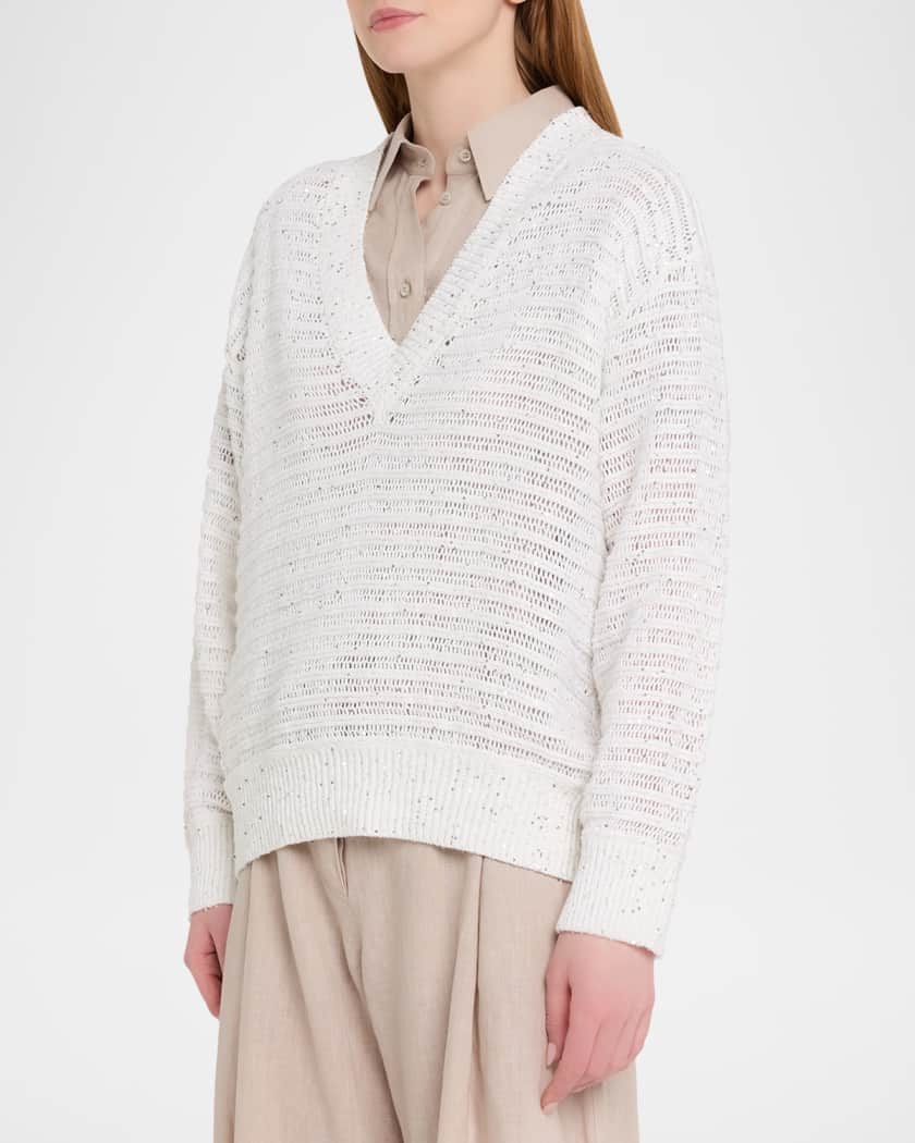 Brunello Cucinelli Linen-Blend Sequin V-Neck Sweater | Neiman Marcus