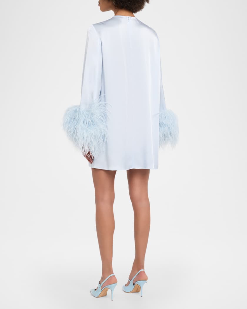 LAPOINTE Long-Sleeve Feather-Trim Satin Mini Shift Dress | Neiman Marcus