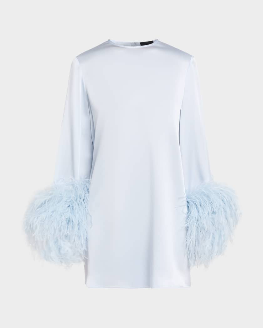 LAPOINTE Long-Sleeve Feather-Trim Satin Mini Shift Dress | Neiman Marcus