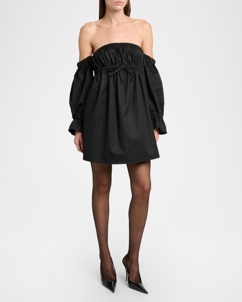 off the shoulder drawstring dress Saint Laurent Off-Shoulder Drawstring Cotton Poplin Mini Dress