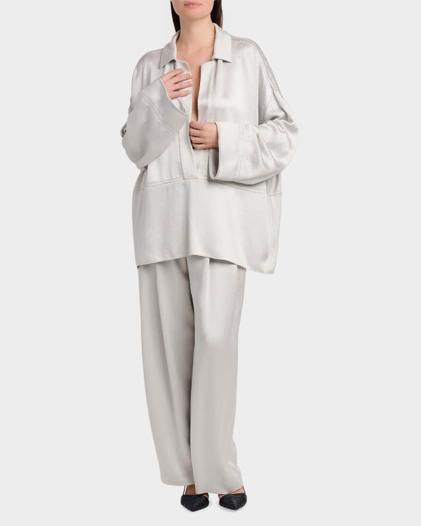 Giorgio Armani Hammered Satin Plunging Collared Shirt | Neiman Marcus