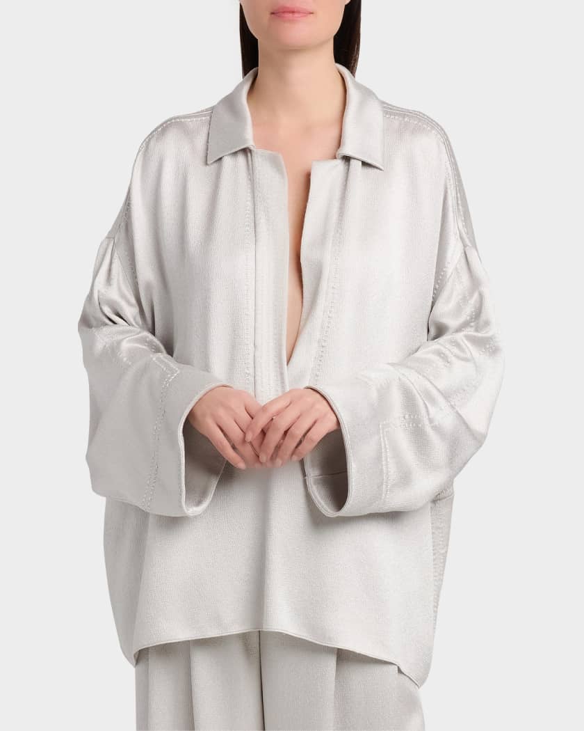vintage Giorgio Armani シルクシャツ 良色◎ N1621 Giorgio Armani Hammered Satin Plunging Collared Shirt | Neiman Marcus
