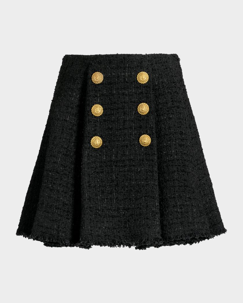 Balmain Double-Breasted Tweed Flare Mini Skirt | Neiman Marcus