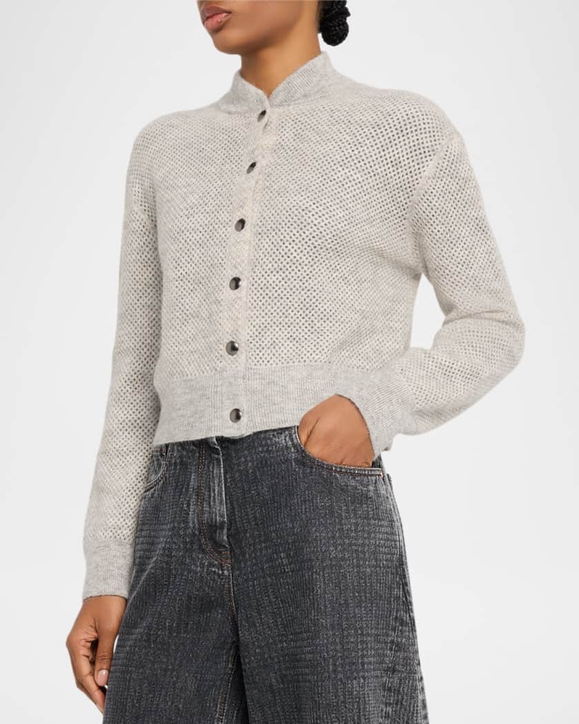 Brunello Cucinelli Shimmering Mohair Net Knit Cardigan | Neiman Marcus