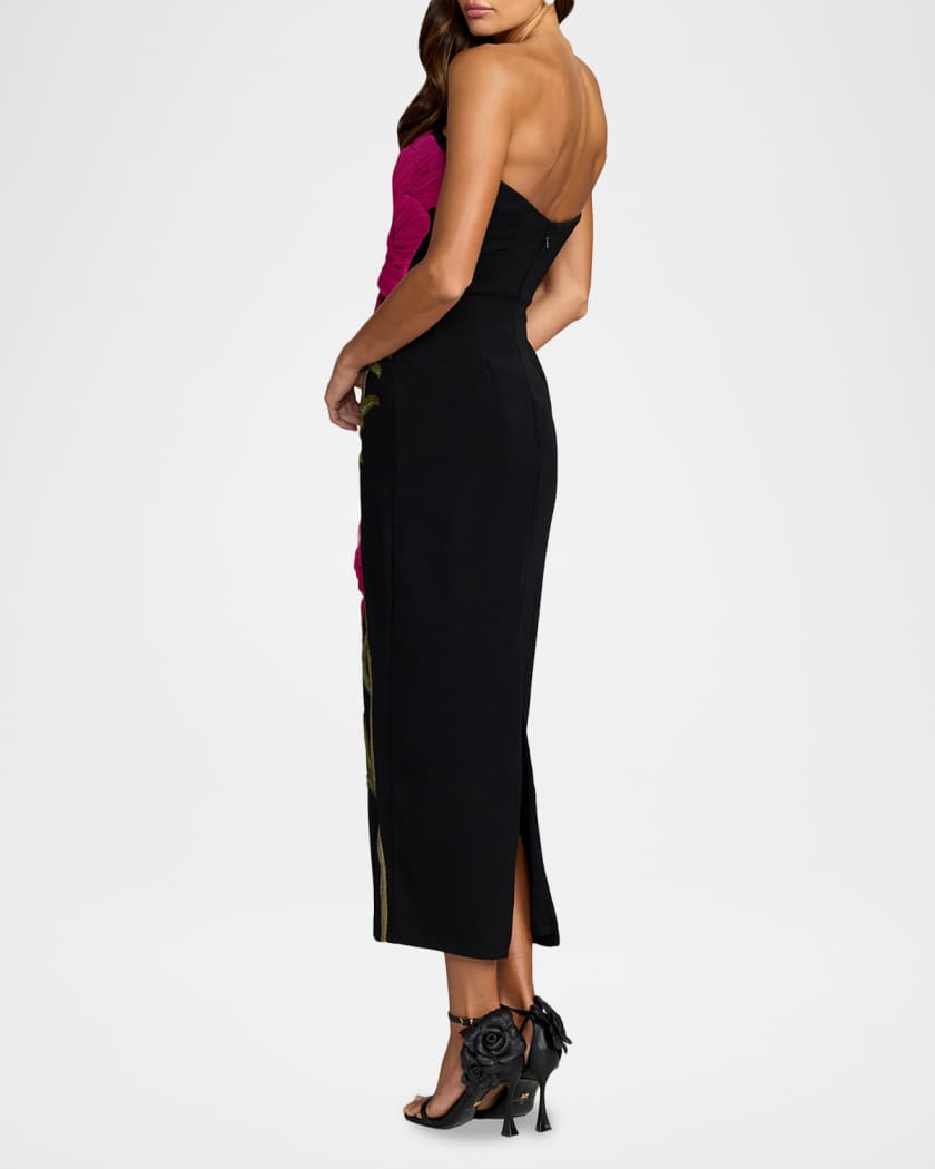 Mac Duggal Strapless Floral-Embroidered Crepe Midi Dress | Neiman
