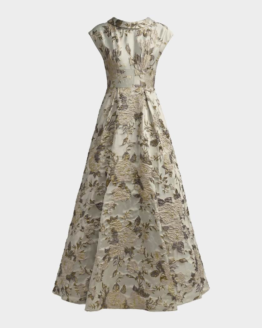 Mac Duggal Pleated Floral Brocade A-Line Gown | Neiman Marcus