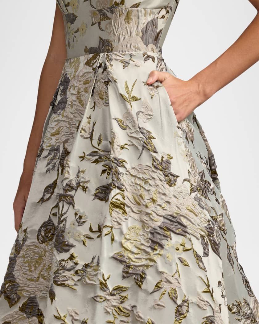 Mac Duggal Pleated Floral Brocade A-Line Gown | Neiman Marcus