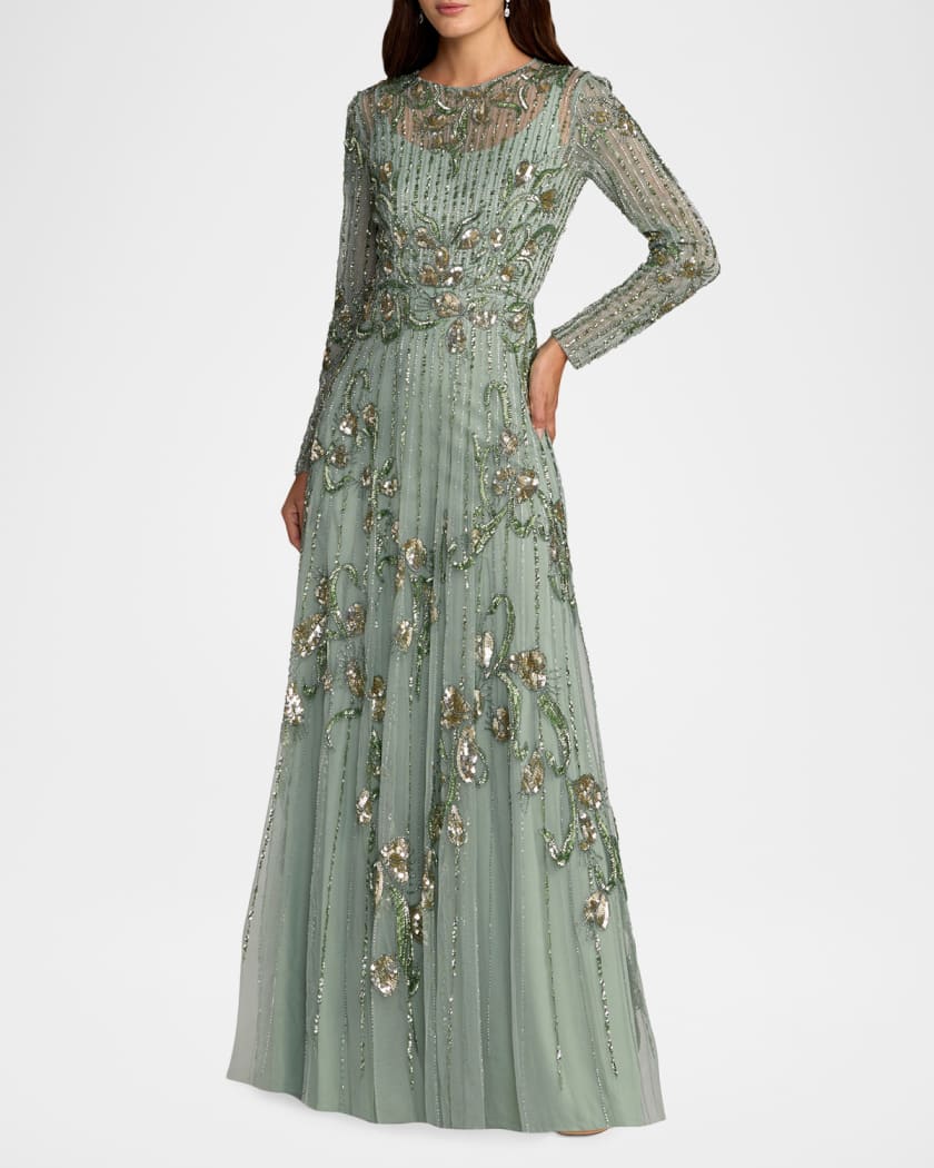 mac duggal green embellished dress Green One Shoulder Embellished Gown With Floral Accent