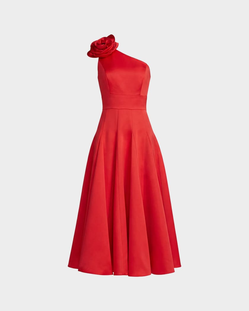 Mac Duggal 3D Floral Satin Fit & Flare Midi Dress | Neiman Marcus