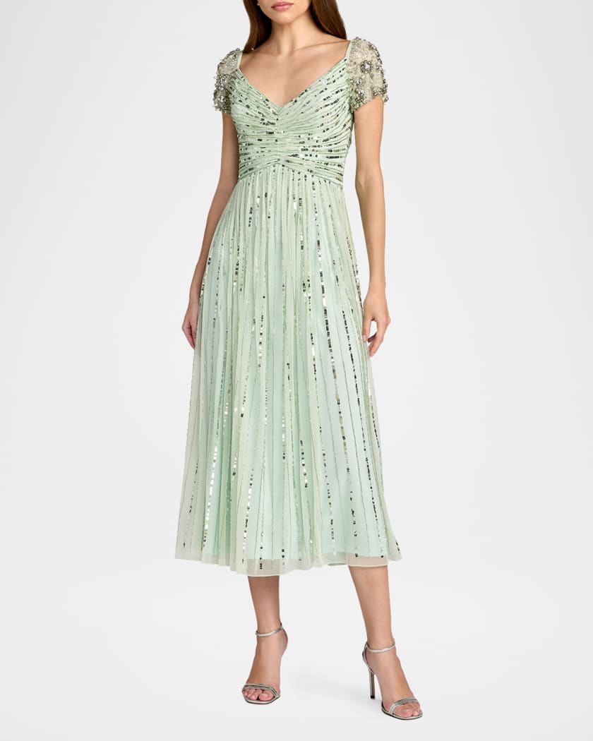 Mac Duggal - Green Sequin Jeweled V Neck Midi Dress - Sage / US 8