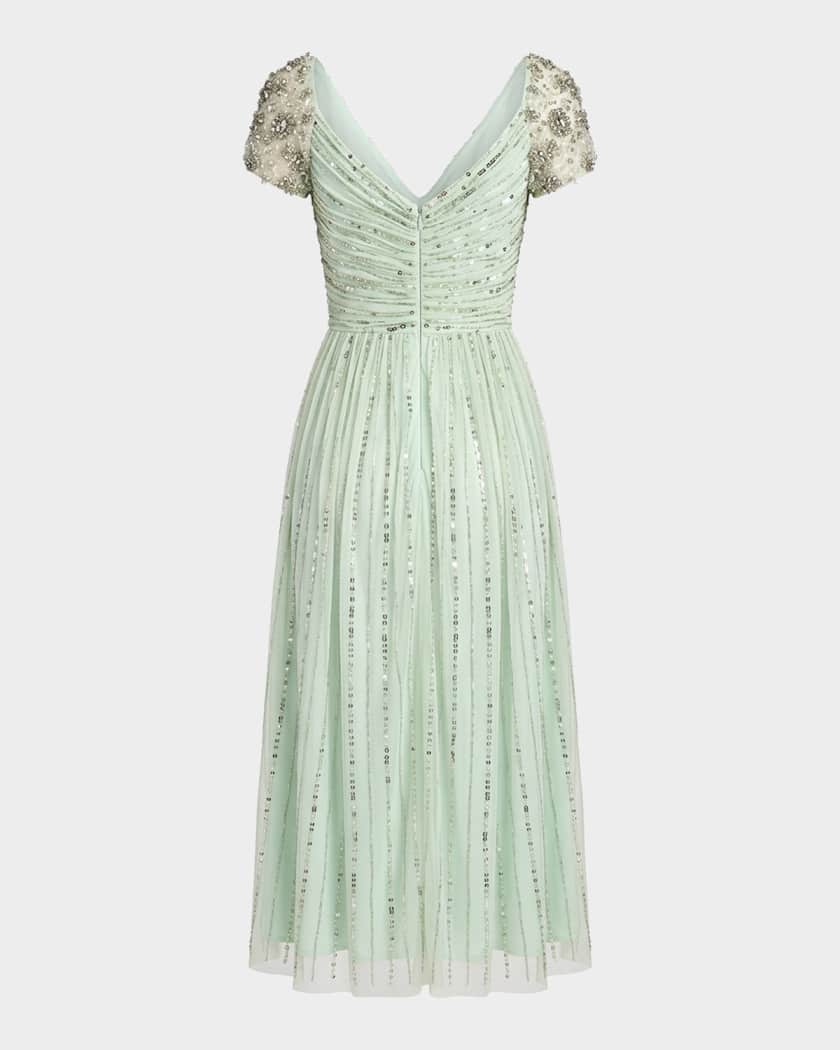 Mac Duggal - Green Sequin Jeweled V Neck Midi Dress - Sage / US 8