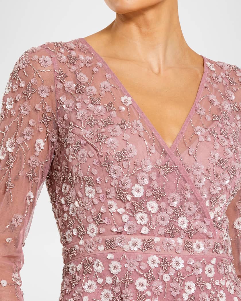 Mac Duggal Floral-Embellished Long-Sleeve A-Line Gown | Neiman Marcus