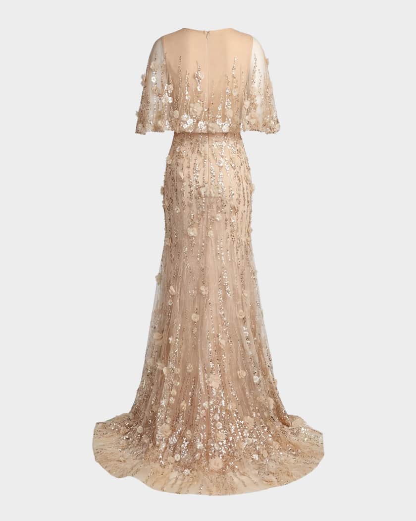 Mac Duggal Beaded Chiffon Lace Cape Trumpet Gown | Neiman Marcus