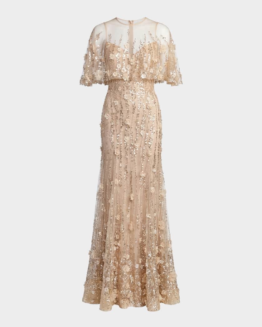 mac duggal gold cape dress Gold Hand Beaded Floral Gown With Cape