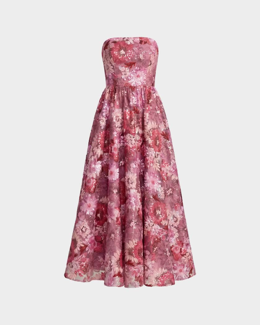Mac Duggal Floral Sequinned A-Line Midi Dress | Neiman Marcus