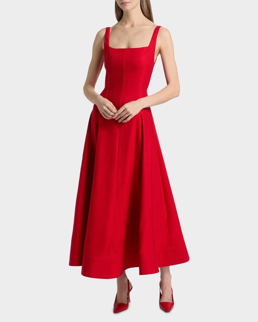 ALICE + OLIVIA Polly Linen-Blend Tie-Back Midi-Dress | Neiman Marcus