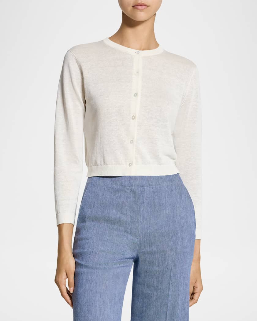 Theory Cropped Linen-Blend Cardigan | Neiman Marcus