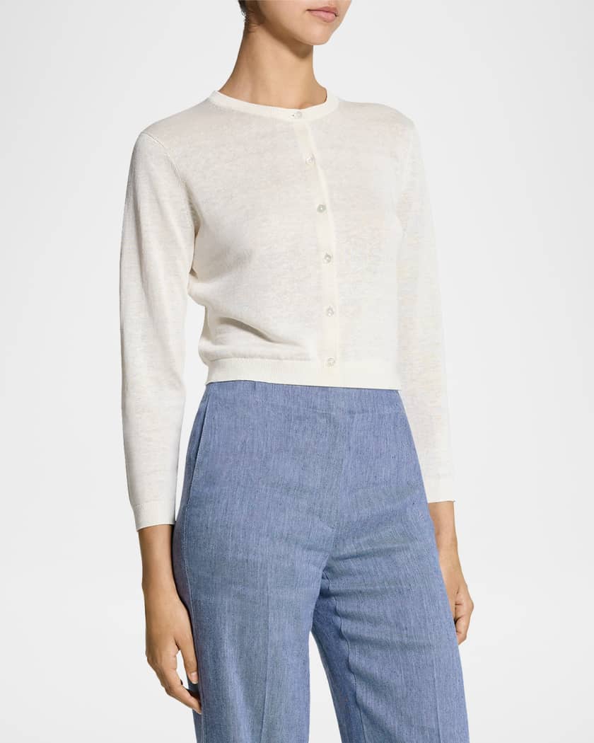 Theory Cropped Linen-Blend Cardigan | Neiman Marcus
