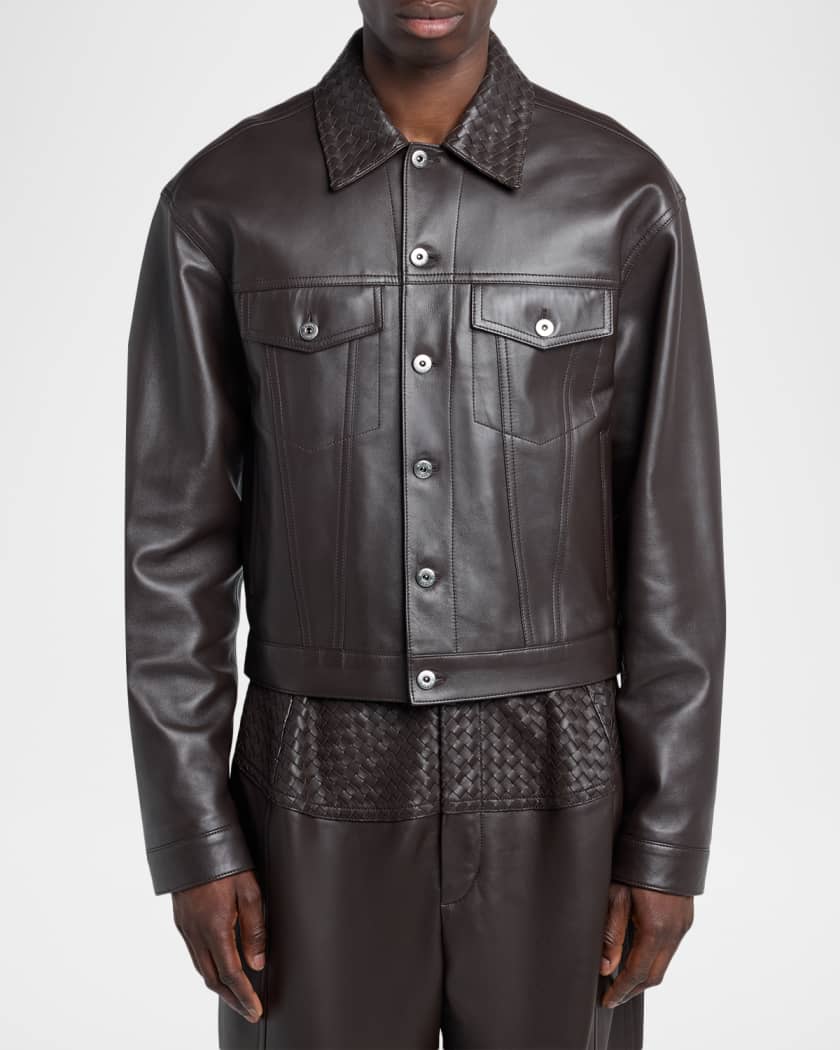 Bottega Veneta Men's Intrecciato-Collar Leather Jacket | Neiman Marcus