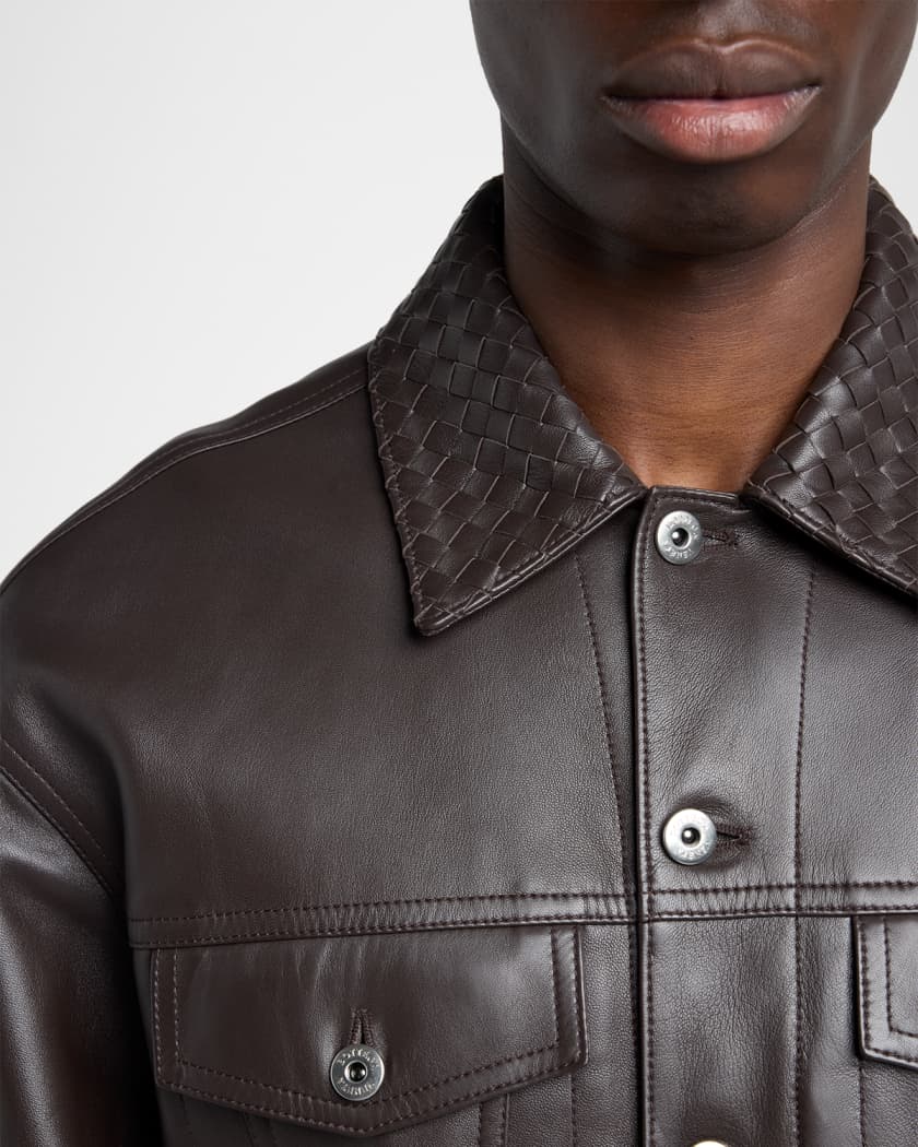 Bottega Veneta Men's Intrecciato-Collar Leather Jacket | Neiman Marcus