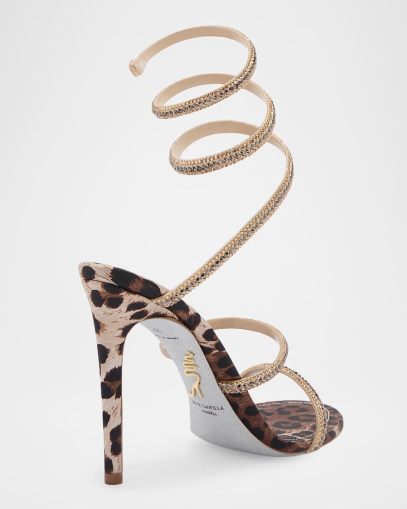 Rene Caovilla 105mm Cleo Leopard Satin Crystal Snake-Wrap Sandals