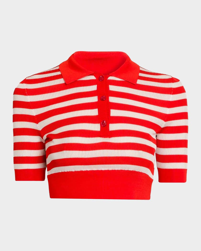 Dolce&Gabbana Rafia Fiori Striped Knit Cropped Polo Top | Neiman