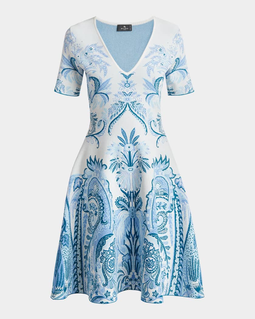 Etro Leafy Paisley Jacquard Short-Sleeve A-Line Dress | Neiman Marcus