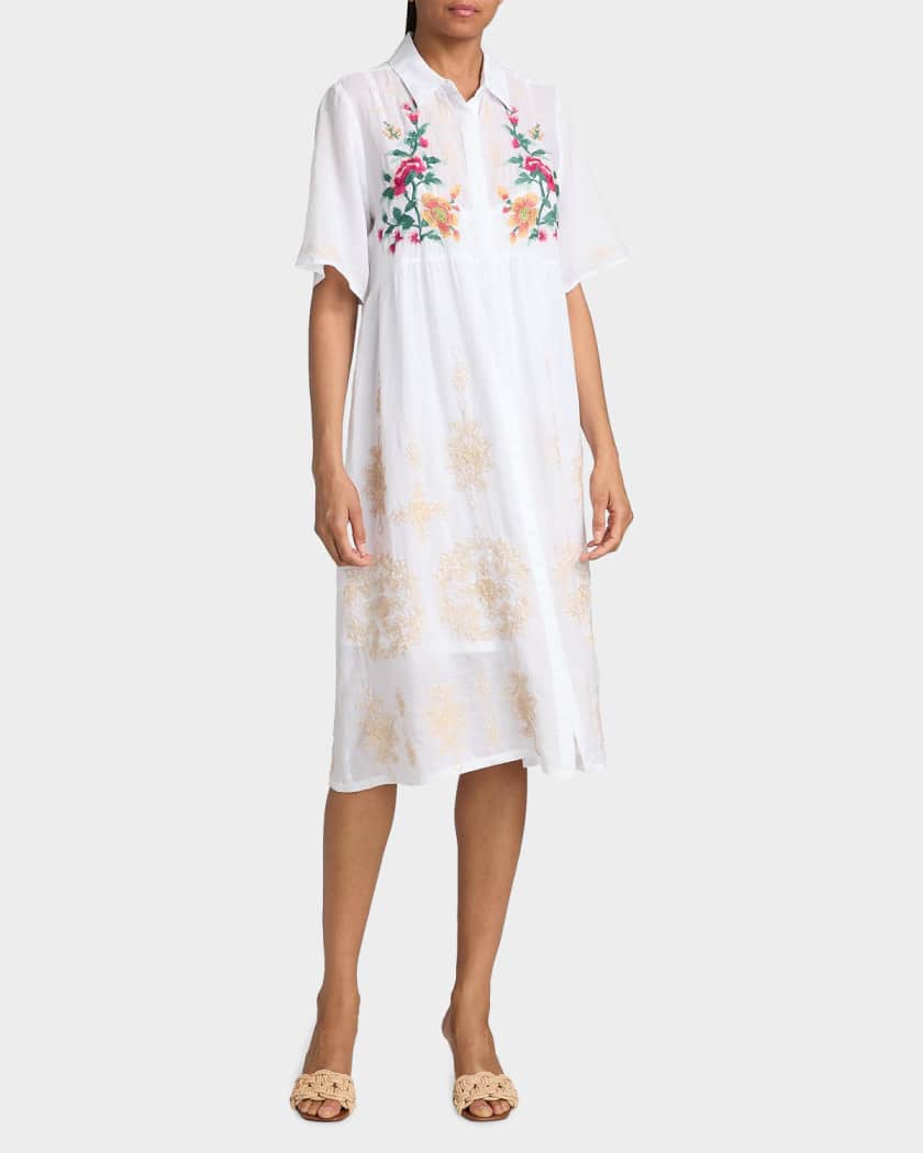 Johnny Was Embroidered A-Line Midi Dress | Neiman Marcus