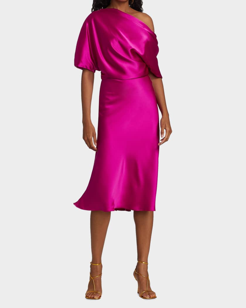 Amsale Women's Draped Satin One-Shoulder Midi-Dress - Fuchsia - Size 4