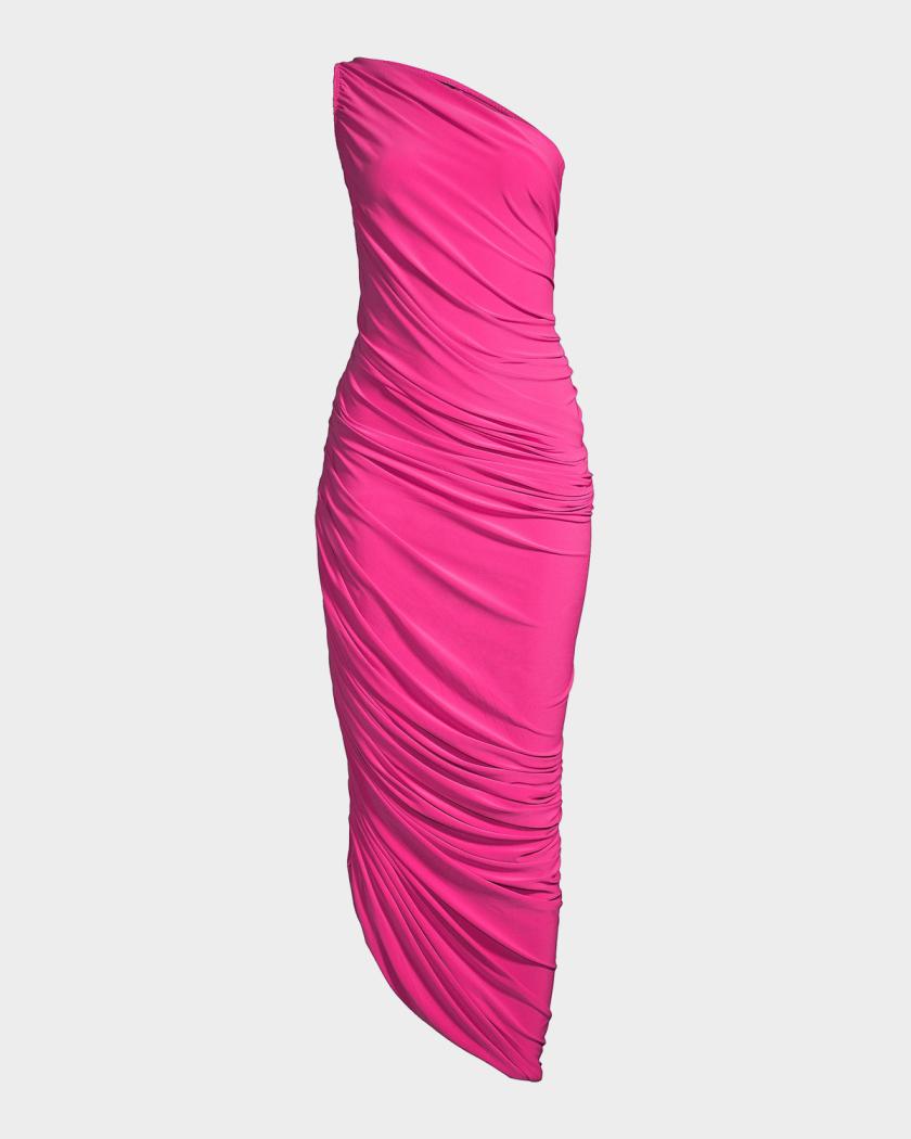 norma kamali ruched dress Diana Stretch Woven Shiny Maxi Gown  House Of Huntington soft texture of velvet imbues the gown with a subtle sheen Norma Kamali Diana Ruched One-Shoulder
