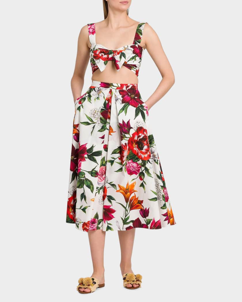 Dolce&Gabbana Rafia Fiori Floral Pleated Cotton Poplin Midi-Skirt