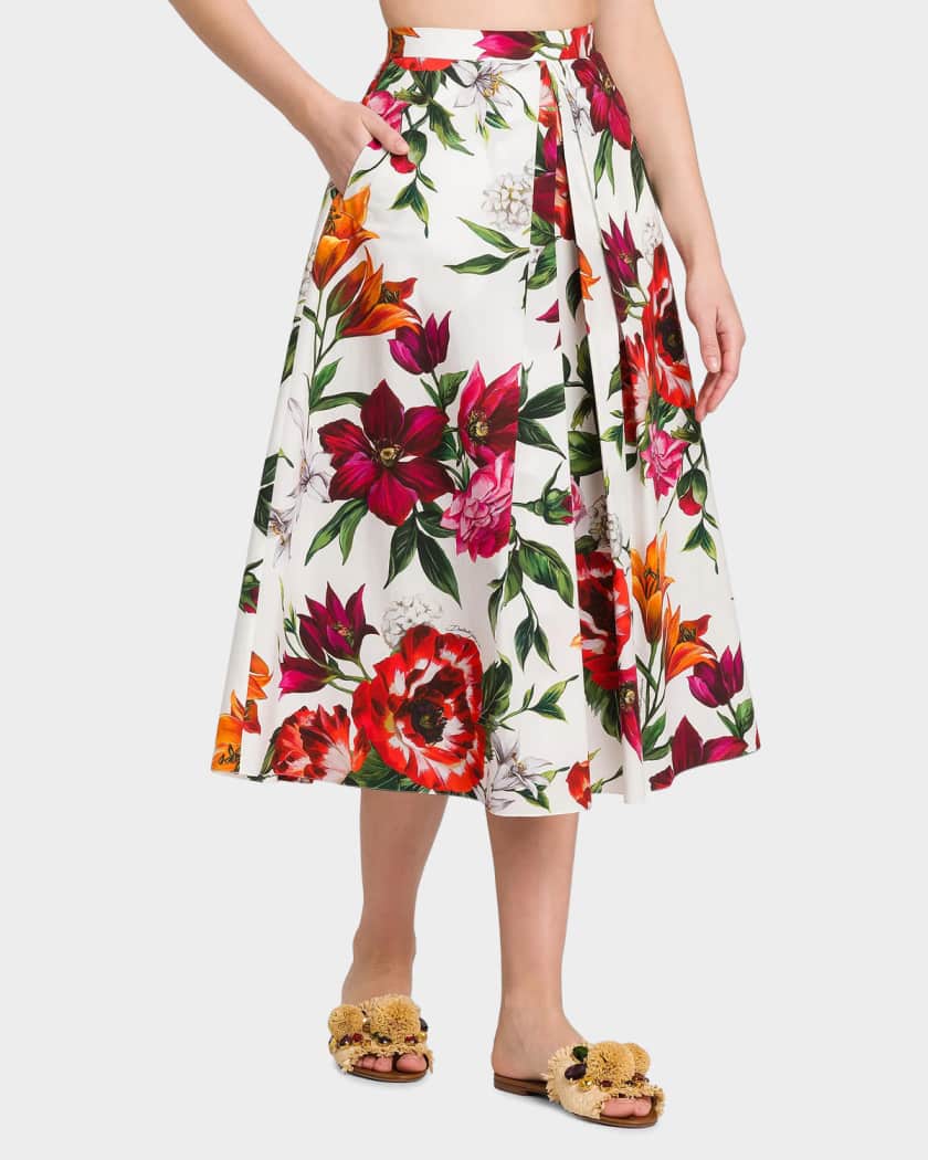 DOLCE&GABBANA　フローラル　ミディ丈　フレアスカート　花柄　42 Dolce&Gabbana Rafia Fiori Floral Pleated Cotton Poplin Midi-Skirt