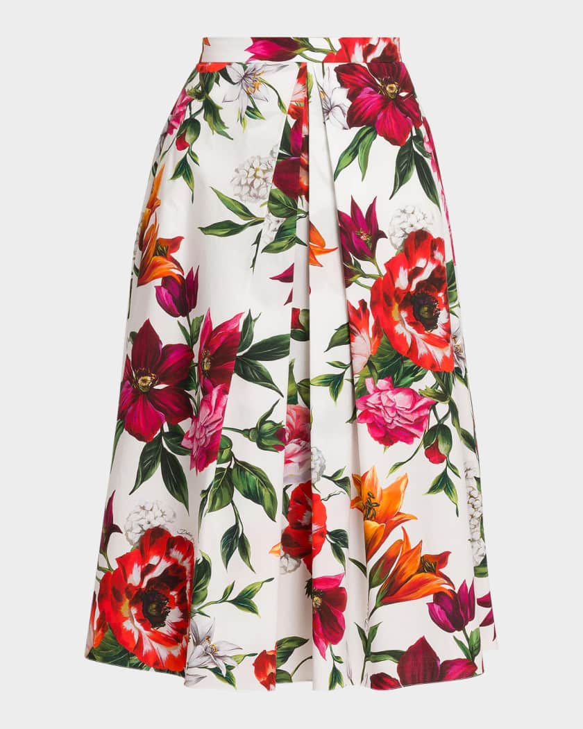 DOLCE&GABBANA　フローラル　ミディ丈　フレアスカート　花柄　42 Dolce&Gabbana Rafia Fiori Floral Pleated Cotton Poplin Midi-Skirt