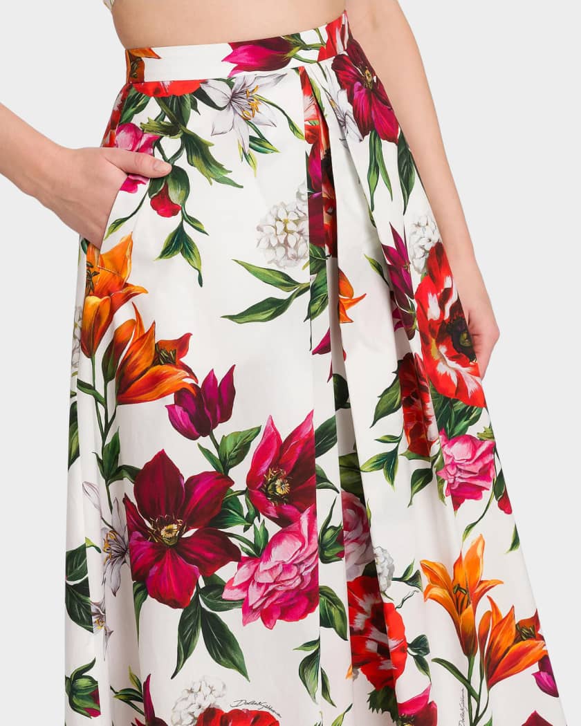Dolce&Gabbana Rafia Fiori Floral Pleated Cotton Poplin Midi-Skirt