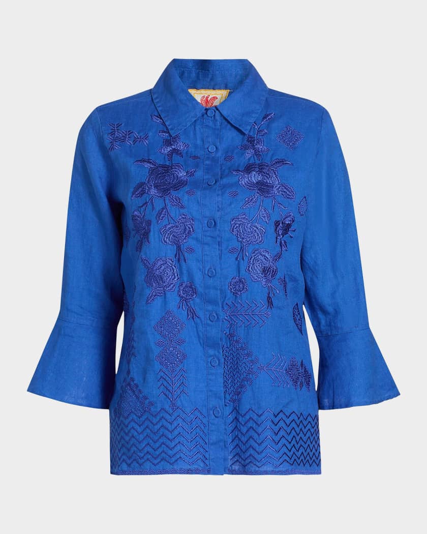 Johnny Was Floral-Embroidered Linen Shirt | Neiman Marcus