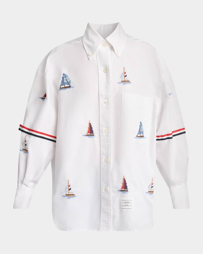 トップス THOM BROWNE Thom Browne Sailboat-Embroidered Cotton Shirt | Neiman Marcus