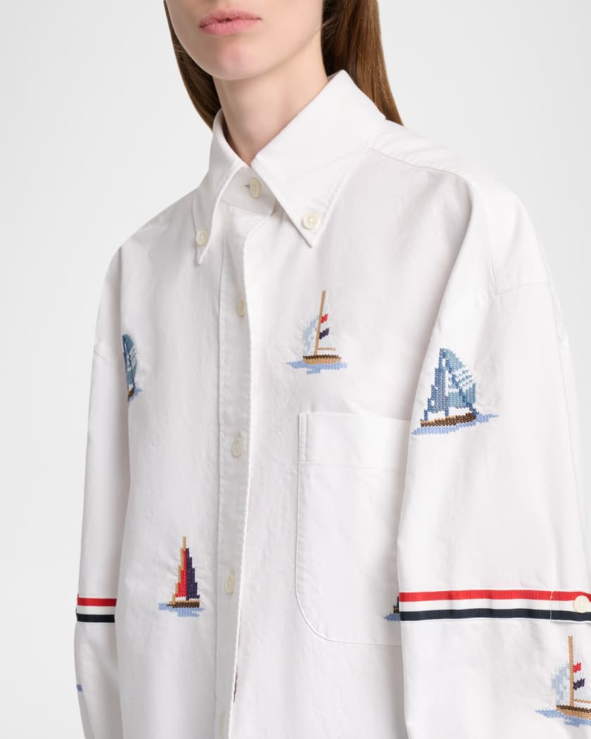 Thom Browne Sailboat-Embroidered Cotton Shirt | Neiman Marcus