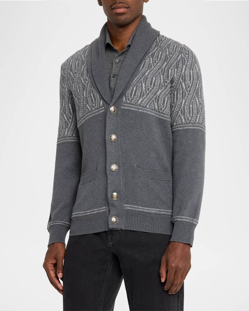 BRUNELLO CUCNELLI グレーニットカーディガン　M Brunello Cucinelli Men's Cotton Jacquard Cable Shawl-Collar