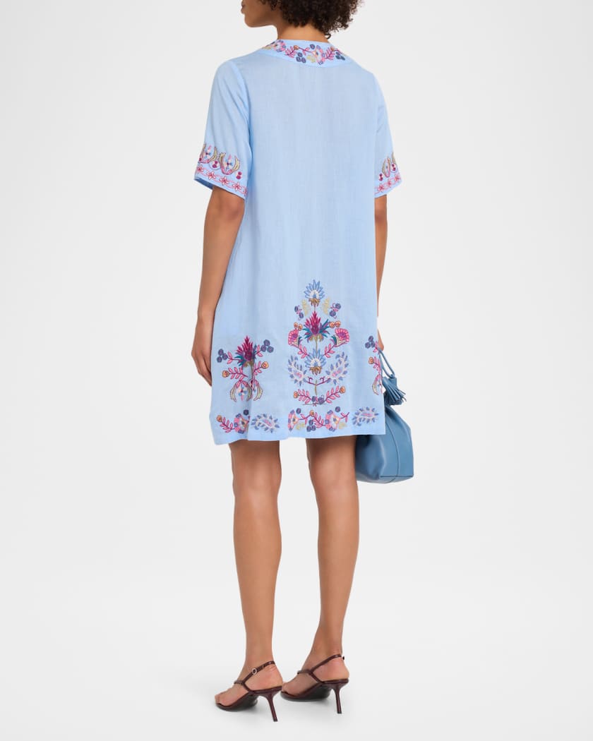 Johnny Was Pleated Floral-Embroidered Mini Shift Dress | Neiman Marcus
