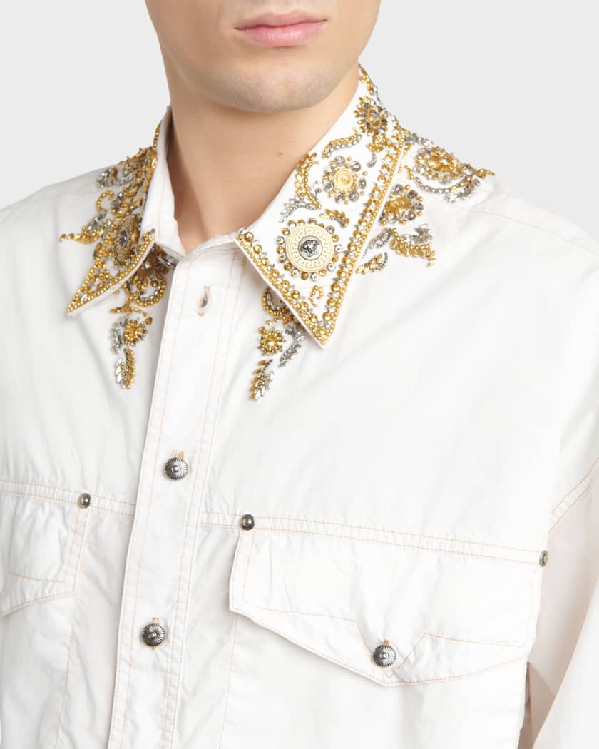 mens versace dress shirt Versace Printed Crpe de Chine Silk Shirt, Male, White+blue, 52