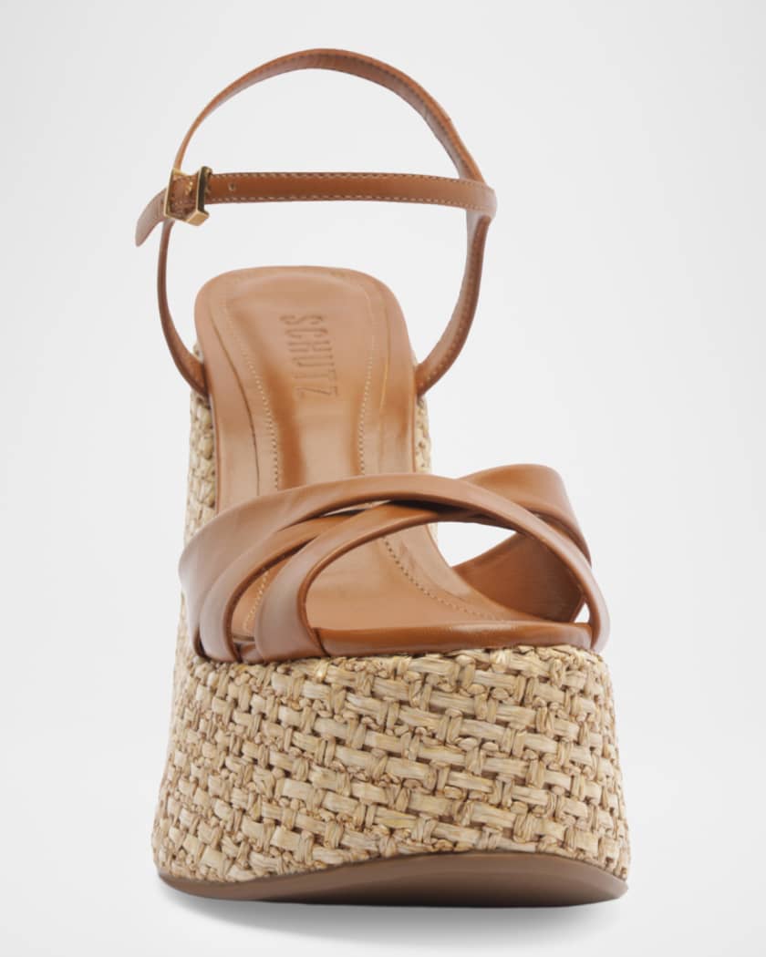 Schutz Keefa 120MM Leather-Raffia Wedge Sandals | Neiman Marcus