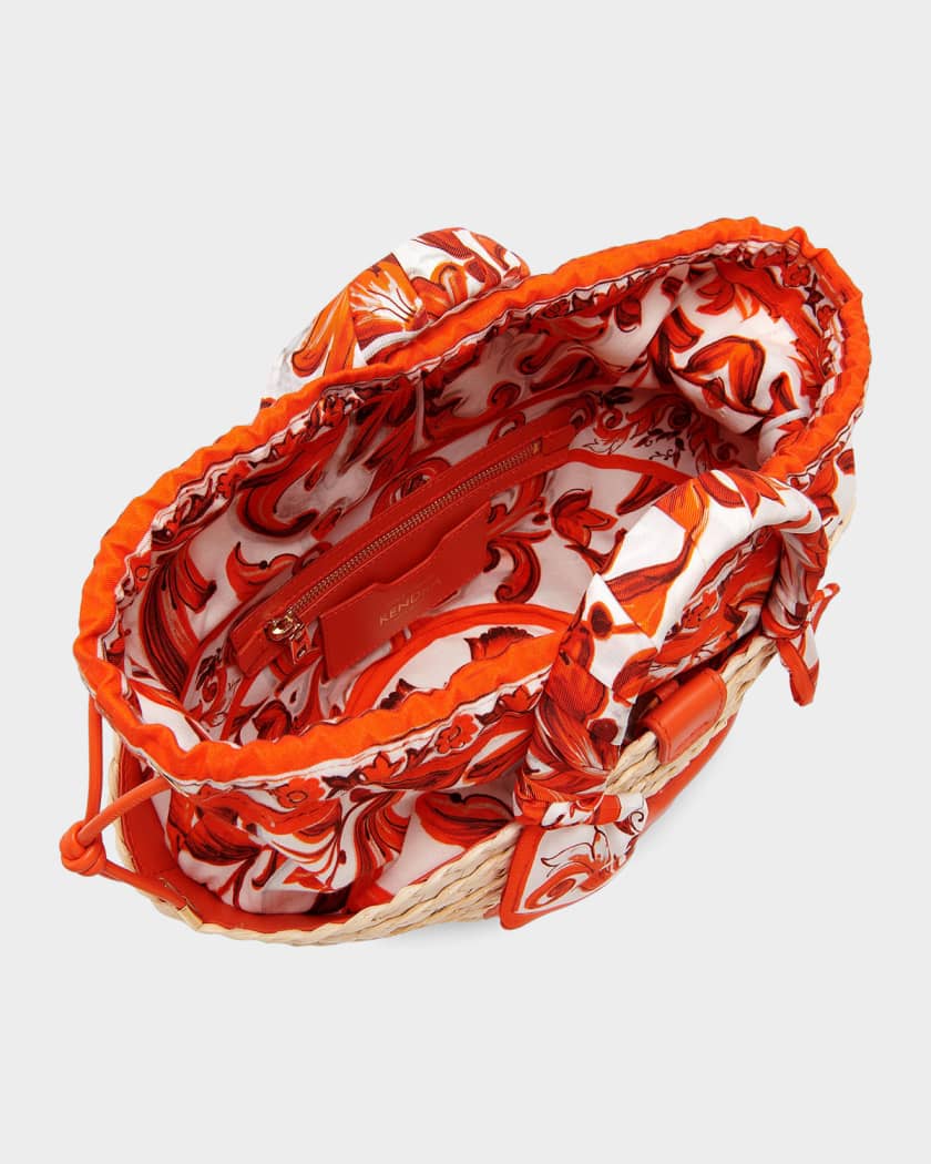 Dolce&Gabbana Majolica Arancio-Print Straw Bucket Bag | Neiman Marcus