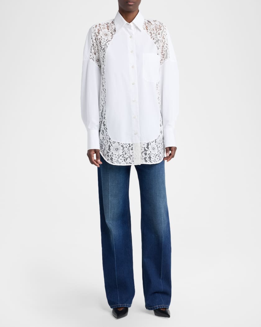 Stella McCartney Lace-Paneled Poplin Button-Down Shirt | Neiman Marcus
