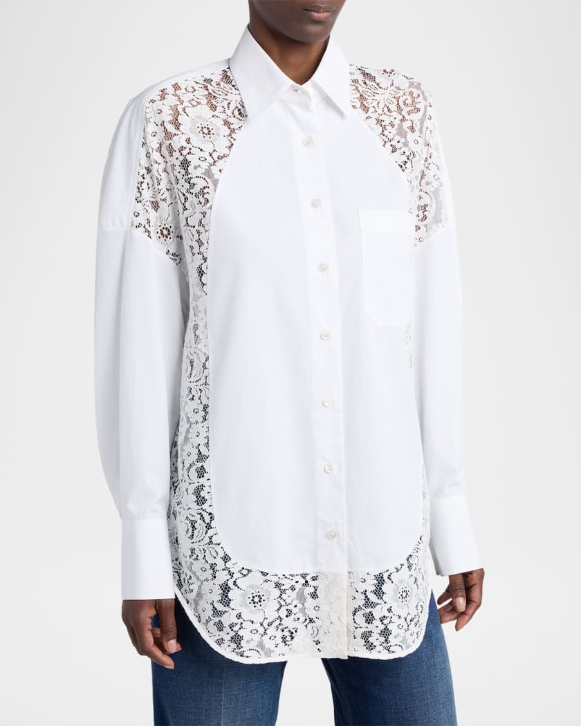 Stella McCartney Lace-Paneled Poplin Button-Down Shirt | Neiman Marcus