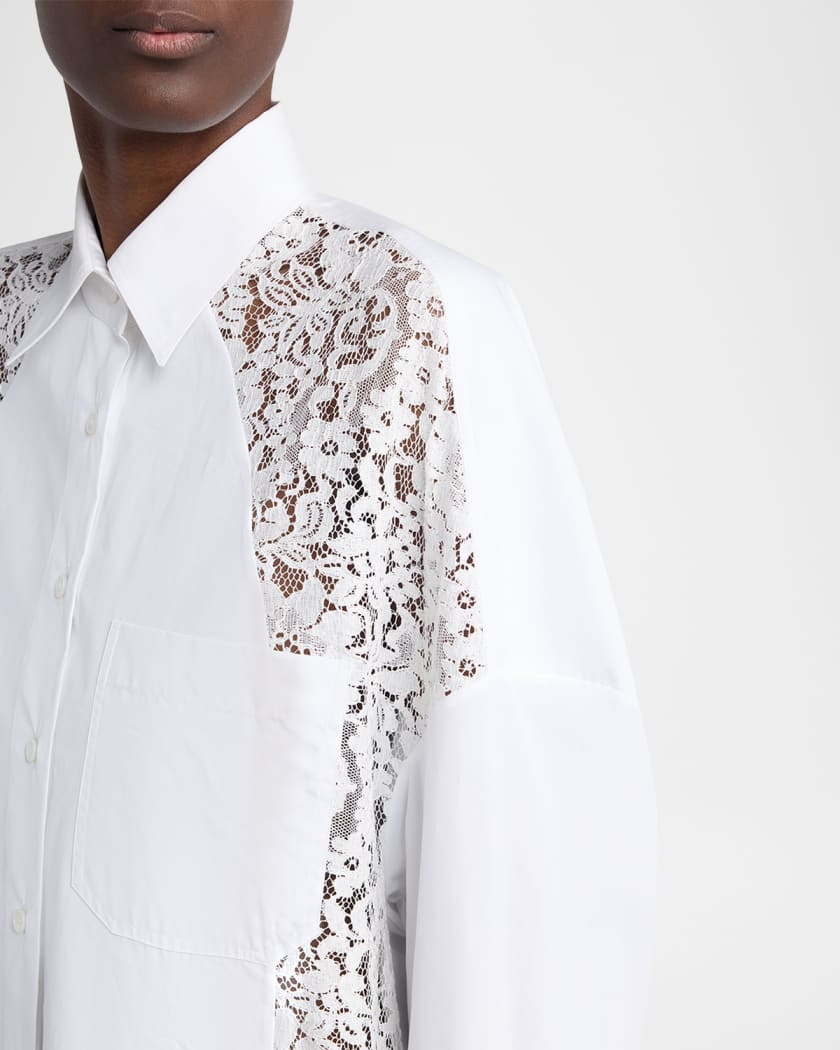 Stella McCartney Lace-Paneled Poplin Button-Down Shirt | Neiman Marcus
