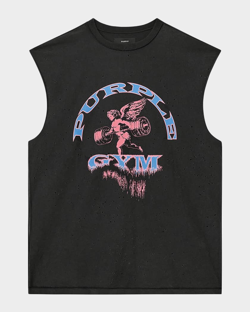 PURPLE Men's Distressed Cotton Gym Logo Sleeveless T-Shirt