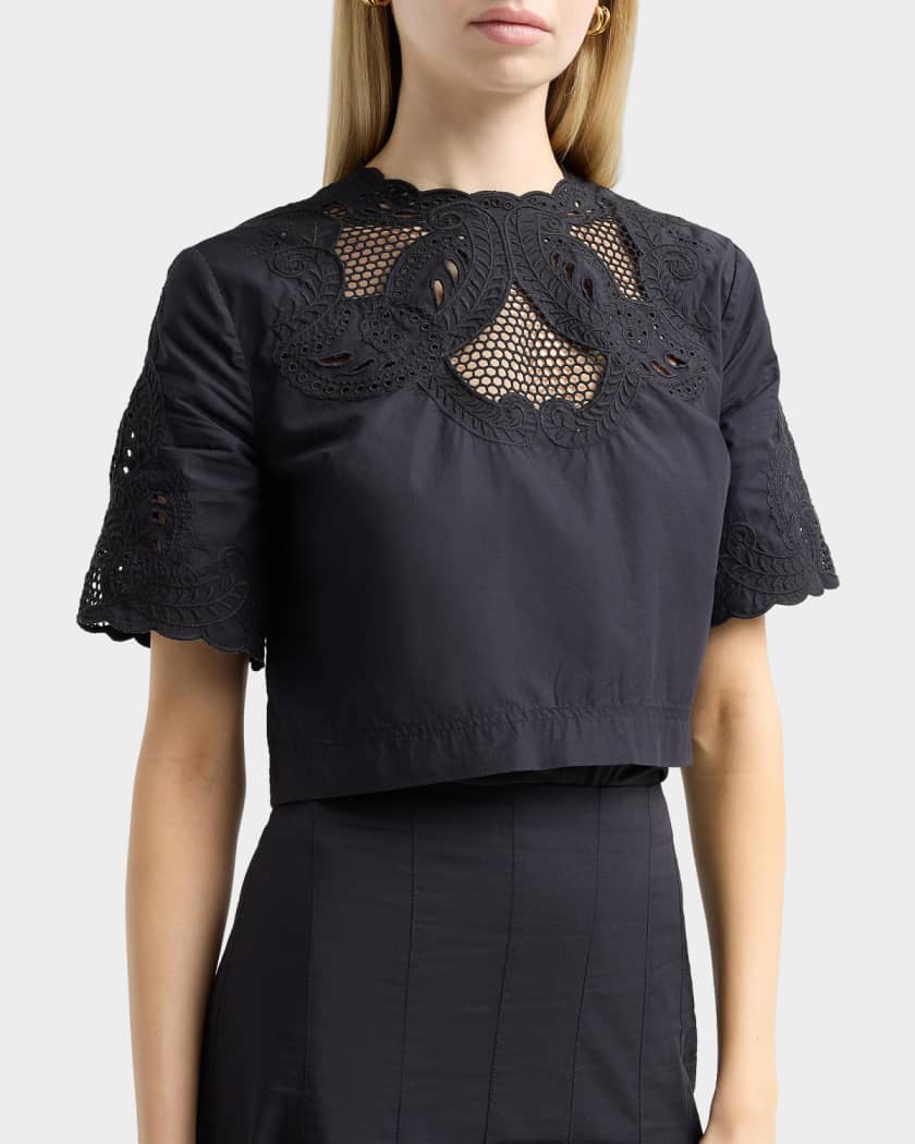 Veronica Beard Errol Eyelet Cotton Crop Top | Neiman Marcus