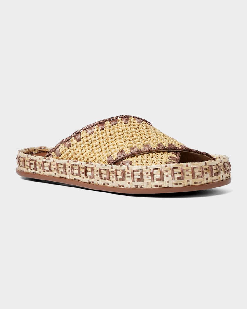 Fendi Raffia Crisscross Flat Slide Sandals | Neiman Marcus